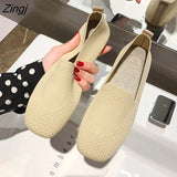 Plus Size Spring New Ballet Flats Women Square Toe Knit Fabric Loafers Breathable Flat Heel Drive Shoes Driving