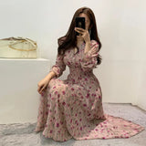 Flower Dress Women Floral Chiffon Clothes Maxi Dresses Beach Elegant Autumn Pink Korean Long Sleeve V Neck Vestidos De