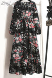 Women Elegant Floral Printed Long Dresses Spring Summer Casual O Neck Long Sleeve Ladies Chic High Waist A Line Beach