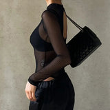 Temperament Light Striped Mesh Perspective Sexy Long Sleeve Half-High Collar Bare Back-To-Back Women's