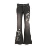 West Of The Cowboy Wind Plant Flowers Embroidered Low-Waisted Trousers Hottie Water Wash Old Leisure