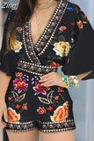 Women's Jumpsuit Casual Summer Floral Printed Playsuit 2023 Women Rompers 3/4 Sleeve Backless Playsuit Women