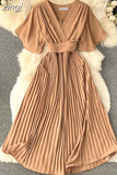 Women Purple/Red/Green Bandage Pleated Midi Dress Female Vintage V-Neck Short Sleeve High Waist A-Line Draped