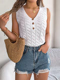 Shooting Summer New Solid Color Button V Collar Hollow Sleeveless Top Holiday Knitwear Women's