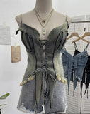 Shot Vintage Babes With Thaired Hairy Denim Sling Vest Short Umbilly Sleeveless Top