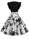 White Patchwork Floral Print Summer Dress Women 2023 Petal Sleeve Dot Vintage Dress Robe Casual Rockabilly Party