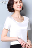 womens tops and blouses 2023 women shirts casual Silk O-neck sling top satin short sleeve stretch Solid blouse 2126