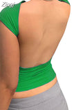2023 Women O-neck T-Shirts Solid Summer Short Sleeve Slim Fit Cut Out Backless Tees Shirts Tops Streetwear for