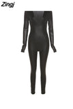 Y2K Faux PU Solid Black Jumpsuit for Women Fashion Deep V-Neck High Waist Slim Stretchy Outfits Casual Streetwear