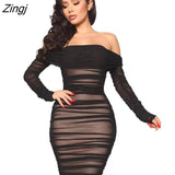Mesh Sheer Off Shoulder Midi Party Dress Women Spring Elegant Long Sleeve Ruched Bodycon Dresses White Backless