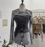 Dye Mesh Spliced Denim Shoulder Long-Sleeved T-Shirt T-Shirt T-Shirt Dress