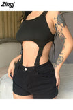 Streetwear Cut Out Rave Sexy Bodysuit Hot Buckle Tank High Waist Female Body Summer Festival Party Bodysuit One