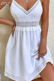 White Summer Lace Dress Women Sexy V Neck Spaghetti Strap Mini Dress High Waist Casual Beach Dresses Vestido