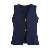 Women's Solid-Colored Gold Button-Wear Knitted Vest