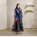 Court-Print Bubble-Sleeved Dress Women's Autumn Strap-In Belt Design Super Fairy Long Dress