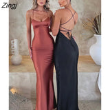 Satin Backless Lace Up Mermaid Slip Dress Women Sweetheart Neck Sexy Slim Bodycon Dresses Elegant Silk Gown