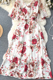 Women Floral Dress Vintage Red/Blue/Pink/White Sexy V-Neck Short Flare Sleeve High Waist Elegant A-Line Vestidos 2023