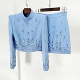Trendy French Romance New Heavy Industry Nail Beads Drill Short Top Skirt Set Two