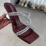 Square Head Diamond Slippers Women's Summer Wear New Transparent High-Heeled Shoes Summer Coarse Heel Cool Drag In The Design