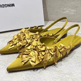 New Flat-Bottomed Sandals Women's French Temperament Bows Cool Slippers Low Heel Pointy Cloth Single