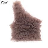 Women Fashion Single Shoulder Pleated Ruffles Tulle Knitting Short Blouse Female Asymmetric Blusas Chic Crop Tops