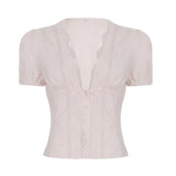 And Summer Basic Solid Color Dark V Buckle T-Shirt Top Bow Texture Texture To Close The Waist Design Spice Girls Shirt