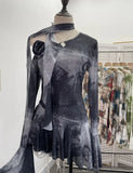 Spice Girls Inclined Shoulder Horn Long-Sleeved T-Shirt Around The Neck With Flowers Lotus Leaf-Lace Mesh Yarn Women