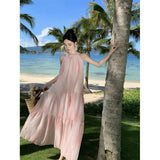 Zingj French Salt Sweet Tie Belt Hanging Neck Sleeveless Loose Long A Word Pink Tie-Dye Vest Temperament