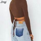 Women’s Long Sleeve T-shirt Fashion Solid Color Hollow Tie-up Exposed Navel Tops Spring Autumn Streetwear