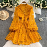 Spring And Summer Sweet Court Style V Collar Lantern Sleeve Fashion Embroidery Spoon Thin A Word Elegant Dress Woman