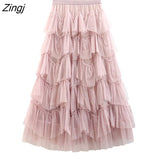 Sweet Multilevel Tulle Long Skirt Women Elastic High Waist A-line Pleated Mesh Skirt Gothic Lolita Female Jupe