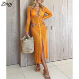 Sexy Deep V-neck Maxi Dress Women Orange Hollow Out Single Breasted Dress Female Summer Bodycon Party Clubwear