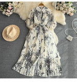 Style Retro Temperament Short-Sleeved Clapping Single-Dran A-Word Print 100-Fold Shirt Dress