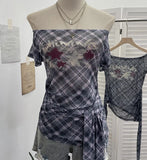 Y2k Single-Layer Mesh Yarn Printed Short-Sleeved T-Shirt Design With A Word Strap To The Shoulder