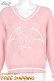 Skulls Blue Knitted Sweaters for Women Fashion Winter Tops Oversized Jumper V Neck Long Sleeve Pullovers Halloween