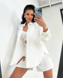 Women's Solid Color Single Row Buckle Long-Sleeved Shirt Loose Fashion Casual Shorts