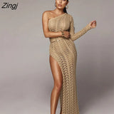 Knitted One Shoulder High Split Summer Dress Women Hollow Out Sashes Loose Sexy Long Dress Beach Casual Maxi Dress