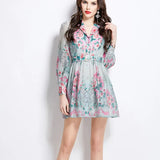 Retro Elegant Suit Collar Long Sleeves With Waist Print Dress Women's Thin Temperament Single Buckle A