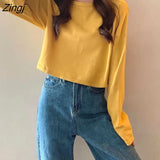 Sleeve T-shirts Women Basic Tees O-Neck Crop Tops New Spring Autumn Loose Leisure Candy Color Sweet Tshirts Female