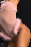 Sexy Mesh Sheer See Through Bodysuits Women Fur Feather Patchwork Sleeveless Strap V-neck Jumpsuits Female