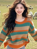 Retro Stripes Loose Lazy Sweater Knitted Women's 2025 New Winter Korean Wear Top