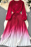 Draped Long Dress Women Elegant V-Neck Puff Sleeve High Waist Pleated A-Line Party Vestidos Female Spring