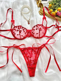 Heart-Shaped Embroidery Mesh Tie Up Lingerie Set-Outfit