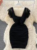 Sexy Draped Bodycon Dress Women Elegant Square Collar Short Sleeve High Waist Mini Vestidos Party Robe 2023