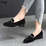 Autumn Winter Women Loafers Low Heels Boat Shoes Square Toe Dress Shoes Chain Faux Suede Plush Warm Ladies