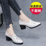 Zingj Shoes Women's Soft Leather 2023 New Hollow Out Breathable Embroidery Four Seasons Women's Mother Shoes Thick Heel Soft Sole Work
