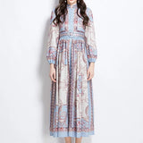 Retro Lantern Sleeve Single Buckle Positioning Print Dress Female Elegant Thin Temperament