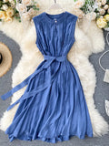 Solid Green/Blue/Yellow Casual Dress Elegant Sleeveless Round Neck Sashes Dresses Vintage 2023 New Fashion Vestido
