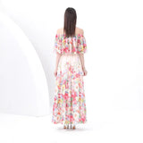 Spring New Holiday Style Printed Lotus Leaf Dress Women's Shoulder To Show Thin Spuny Chiffon