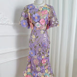High-End Elegant Heavy Industry Flower Embroidery Round Collar Lantern Sleeves To Close The Waist Slim Slimmed Fishtail Dress